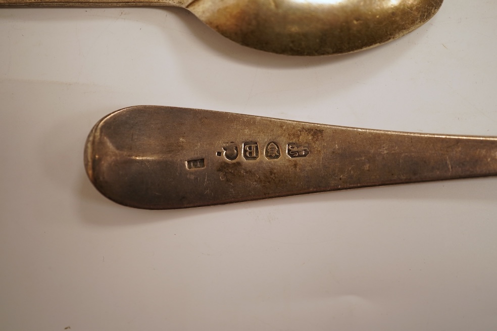 A small quantity of assorted 18th and later silver flatware, including two George III Old English pattern table spoons 11.6oz.